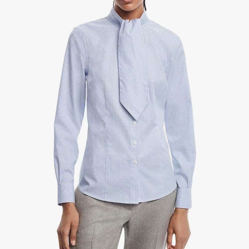 Brooks Brothers Tie Neck Striped Button Up Blouse Top Long Sleeve Striped 6 Blue